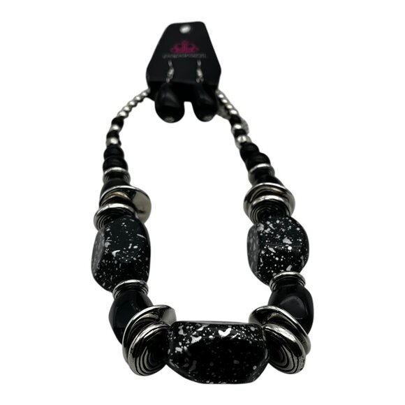 Paparazzi Black Chunky Bead Necklace & Earrings Set With Silver Accents Bold Sta - Picture 3 of 8
